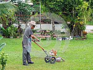 Senior Asian man mowing in the garden