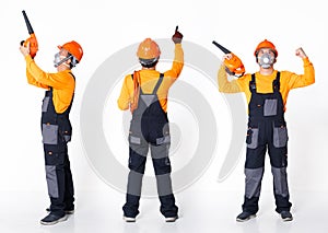 Senior Asian Man wear Orange uniform shirt hat as air condition cleaner washer with blower