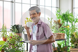 A senior Asian man working in a planting hobby room and drinking coffee with happiness and calm moment. Idea for relaxing and