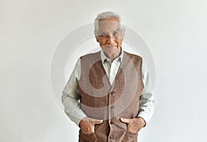 Senior asian old man, Confident and smiling elderly people on white background.