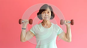 Senior Asian woman doing exercise with dumbbell