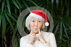 Senior asian woman in font of palm tree wearing Santaâ€™s hat. Christmas, New Year, tropical holiday concept. Text space