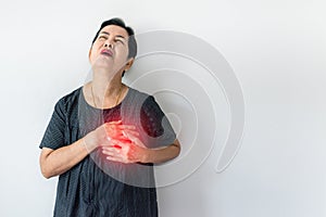 Senior asian woman having chest pain suffering from heart attack on white background,Copy space for text