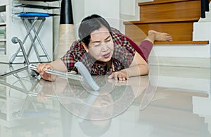 Senior asian woman suffering from falling down of staircase at home