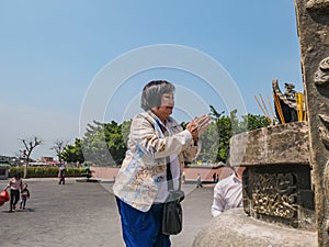Senior asian women on Xuanwu Mountain or yuanshan temple at Lufeng city guangdong provice china.