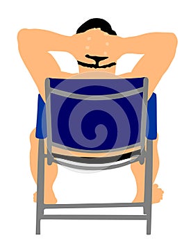 Senior on beach sitting in beach chair. Mature sunbathing.