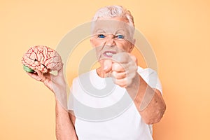 Senior beautiful woman with blue eyes and grey hair holding brain as mental health concept annoyed and frustrated shouting with