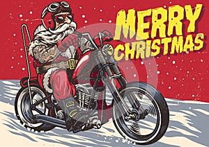 Senior Biker wear santa claus costume and riding a chopper motor