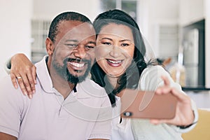 Senior black couple, selfie and smile in home together for hug, social media or relax for memory for love. Mature man