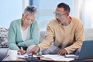 Senior black couple, taxes and home with laptop, documents or focus in home for family finance. Elderly, woman and man