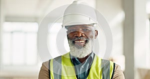 Senior black man, architect and portrait smile for construction or building project on site at the workplace. Happy