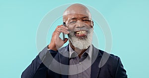 Senior, black man in business with smartphone and phone call, conversation and networking on blue background