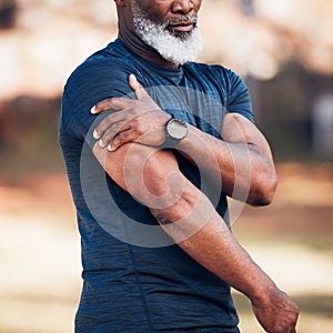 Senior black man, shoulder pain or injury in nature after accident, workout or training. Sports, health or elderly male