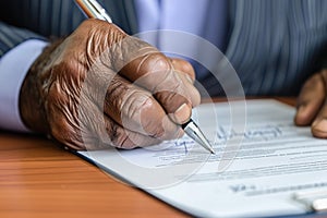 Senior black man signing document, focus on hand with pen