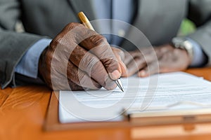 Senior black man signing document, focus on hand with pen