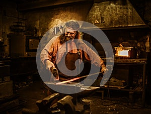 Senior blacksmith forging the molten metal on the anvil in smithy