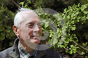 Senior with a branch of gingko tree