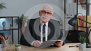 Senior business man director having interview job discussion, video conference call at home office