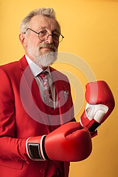 Senior business man wearing red suit and red boxing gloves looking at camera.