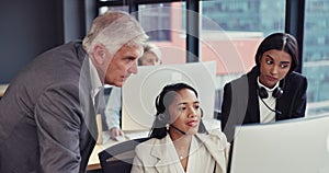 Senior businessman, call center and coaching team on computer in customer service at the office. Man executive, CEO or