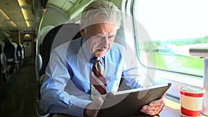 Senior Businessman Commuting On Train Using Digital Tablet