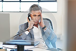 Senior businessman, headache stress and telephone call, online communicaton and employee anxiety in office. Frustrated