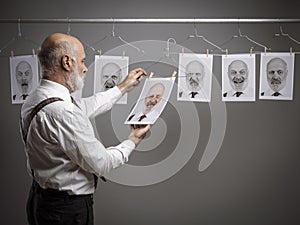 Senior businessman looking at his portraits