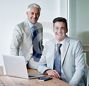 Senior, businessman and partner with laptop, plan and work for expanding in office and accounts. Manager, employer and