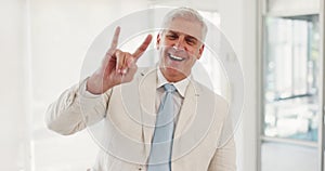 Senior businessman, rock hand sign and happy for business success, ceo motivation and leadership hands in office