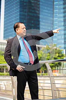 Senior businessman in suit pointing at a direction