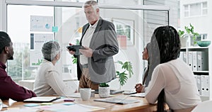 Senior businessman, tablet and coaching in meeting or presentation for strategy, planning or ideas at office. Executive