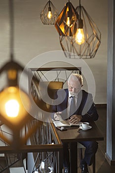 Senior businessman writing in a planner