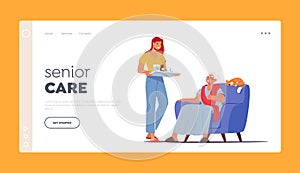 Senior Care, Elderly Caregivin Landing Page Template. Female Character Bring Medicine to Old Woman. Help to Aged People