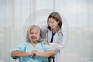 Senior care, hug and portrait of nurse with patient for medical help