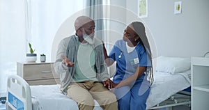 Senior care, nurse and black man with headache, stress and advice with healthcare support on bed. Nursing home, anxiety