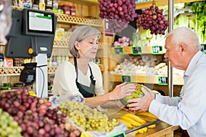 Senior cashier woman serving customer in greengrocer