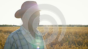 Senior caucasian man in a cowboy hat walk in a field of wheat at sunset close up