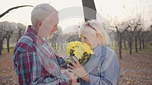 Senior Caucasian man giving chrysanthemum bouquet to his lovely wife and kissing her. Positive European mature family