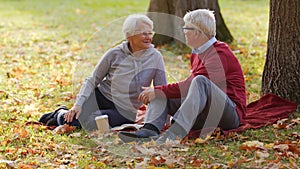 Senior Caucasian married people talk in the park having picnic full shot selective focus