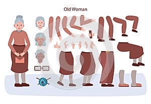 Senior character animation set. Old woman with various views, hairstyles