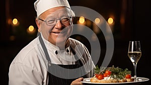 Senior chef presenting dish in elegant restaurant