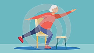 A senior citizen carefully does modified versions of the exercises using a chair for balance and support.. Vector photo