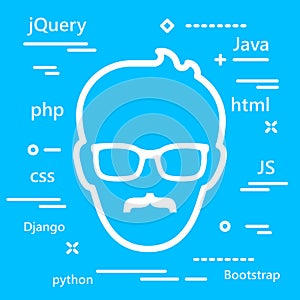 Senior Coder head icon with programming languages for web develo