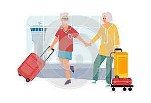 Senior couple in airport. Elderly man and woman travel. Cartoon people holding hands and carrying baggage. Vector
