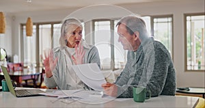 Senior couple, angry for bills and home debt, financial stress or budget risk with fight, argue and frustrated on laptop