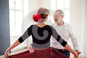 Senior couple attending dancing class in community center.