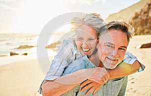 Senior couple, beach and piggyback portrait with smile together, summer and walk for memory, comic time or care. Elderly