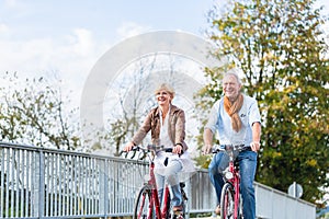 Senior couple with bicycles on bridge