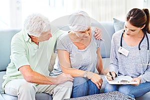 Senior, couple and doctor with results for woman in consultation with advice and support. Patient, report and nurse in