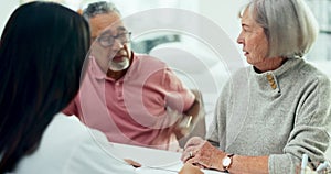 Senior couple, doctor and talking about results of surgery, cancer or news on health insurance and patient hearing a